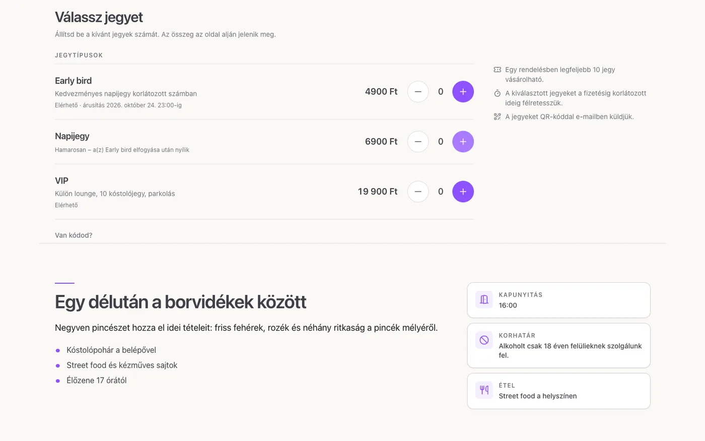 Egy demóesemény vevői oldala: jegytípusok és jegyválasztó, alatta a szerkesztett leírás és a tudnivalók.